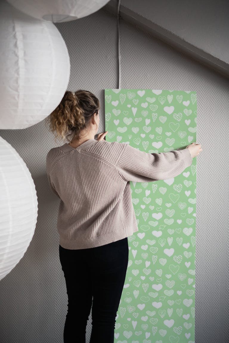 Heart Doodles in Mint Green wallpaper roll