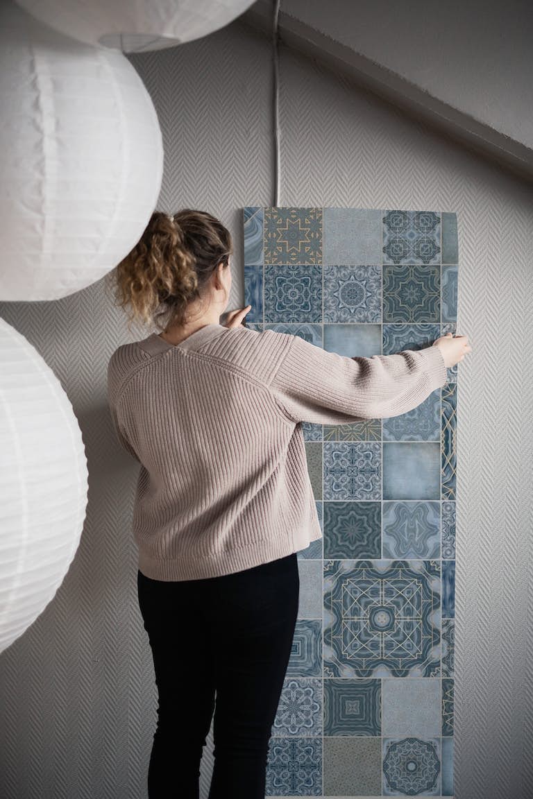 Vintage Tiles Teal Blue wallpaper roll