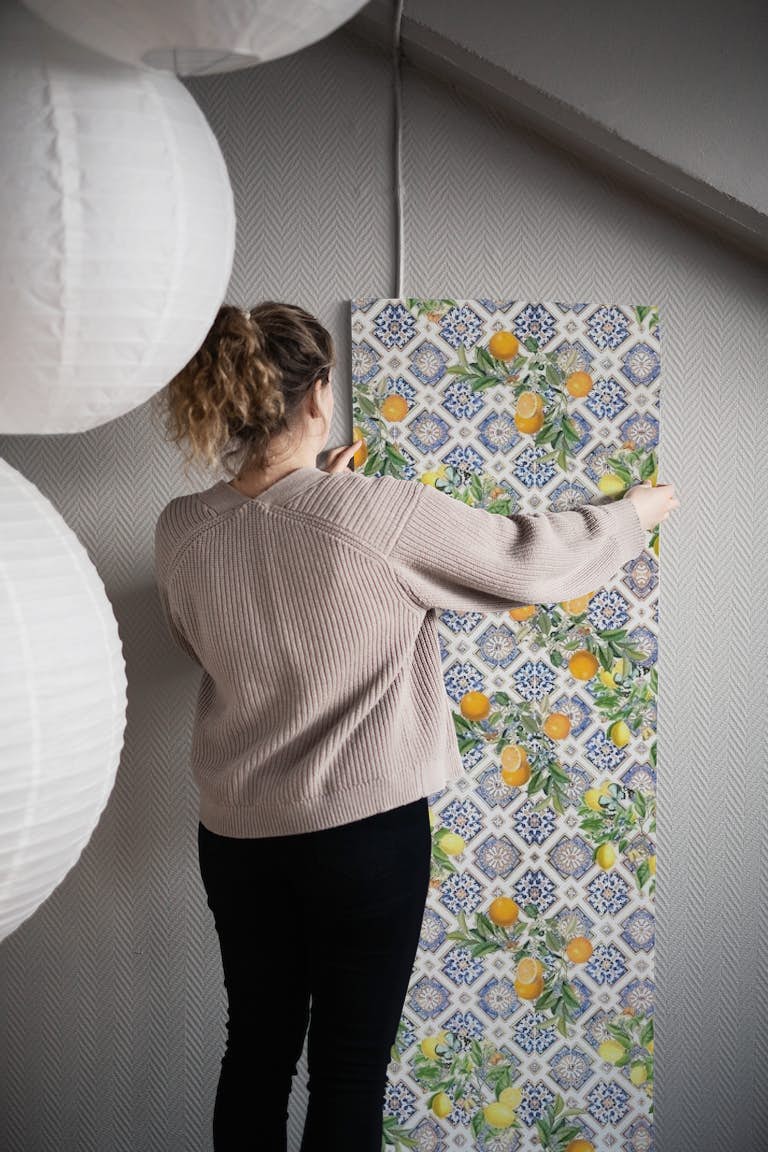 Mediterranean Blue tiles and citrus fruit pattern wallpaper roll