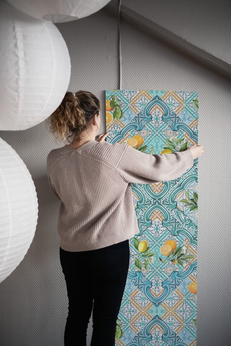 Teal tiles and citrus fruit wallpaper roll
