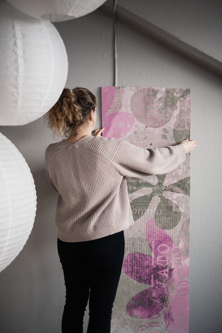 Flower Mixed Media Pink Grey wallpaper roll