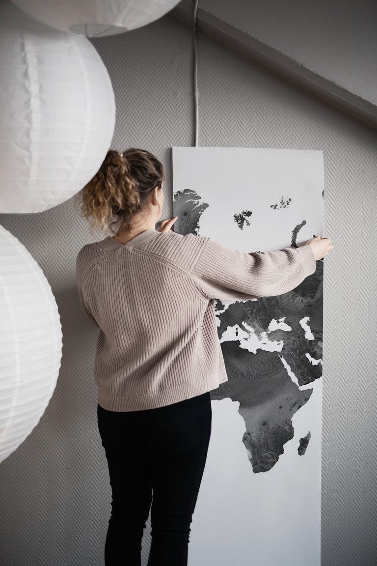 Watercolor World Map in Black tapet roll