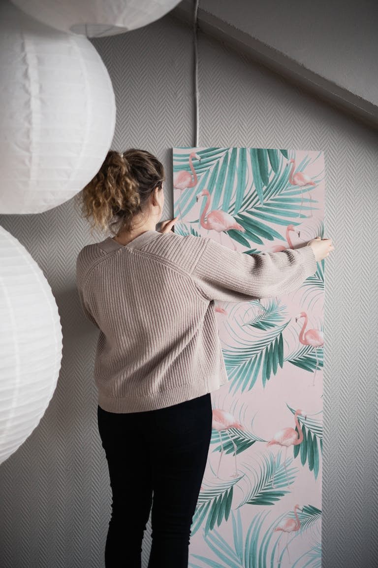 Blush Flamingo Palm Vibes 1a wallpaper roll