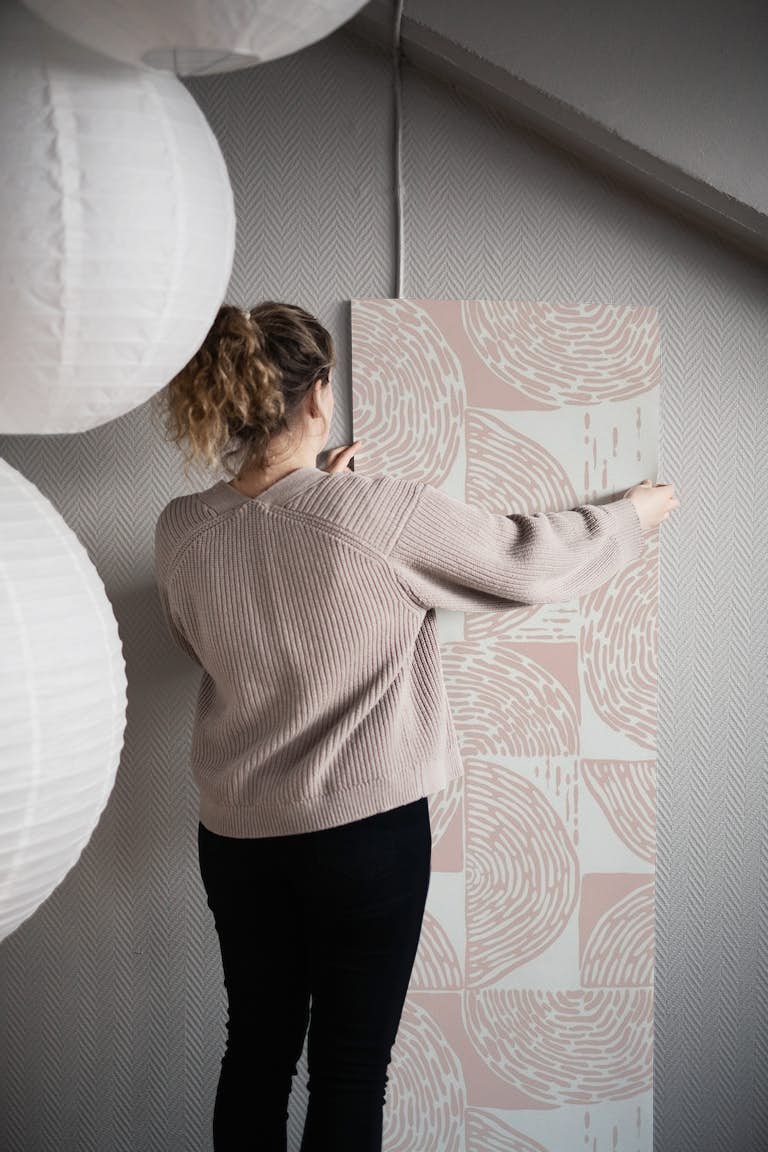Soft pink wood block print wallpaper roll