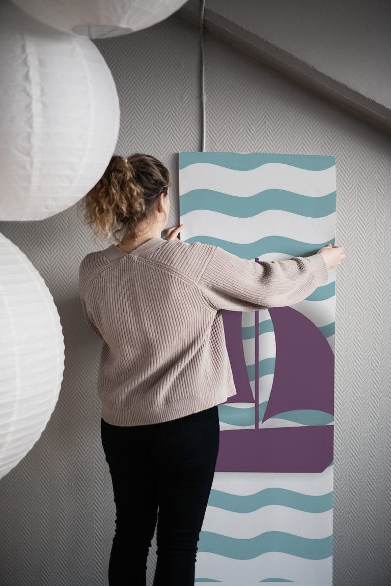 Violet boat pastel teal waves wallpaper roll