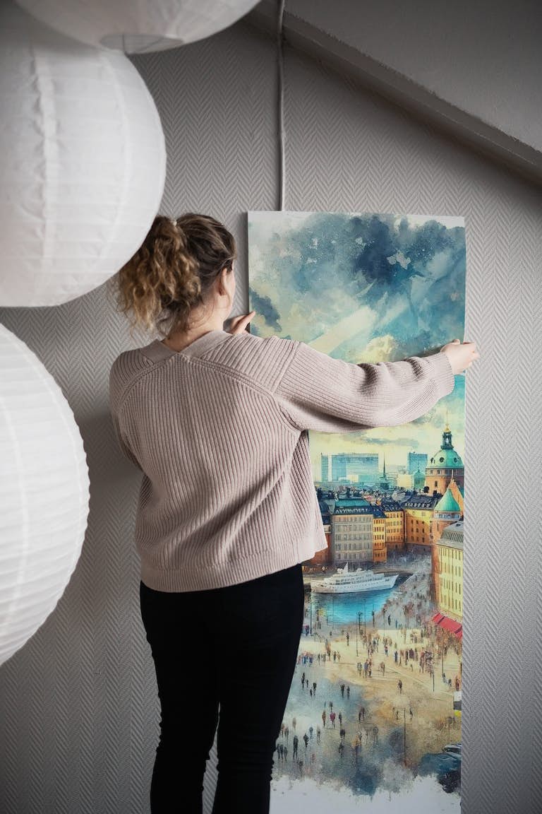 Watercolor Stockholm Sweden behang roll