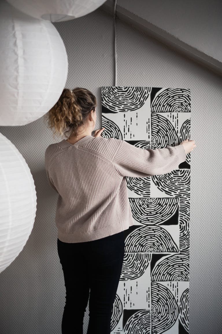 Black and white wood block print wallpaper roll