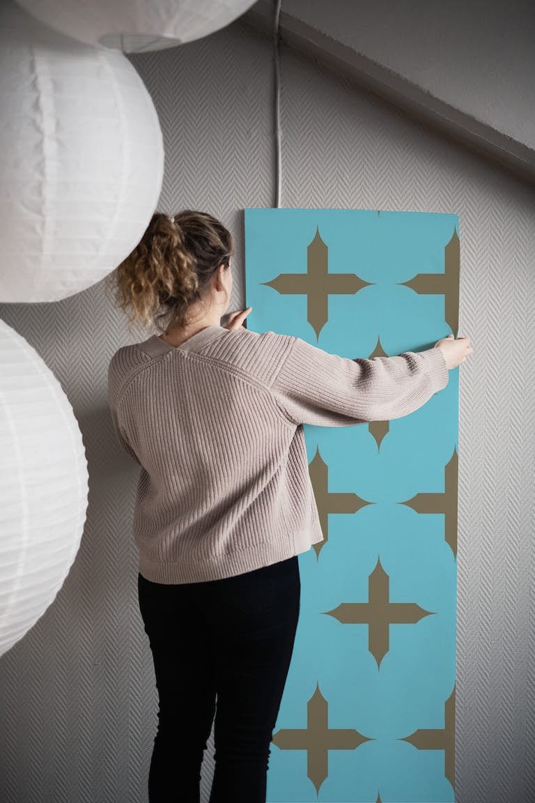 Teal Blue taupe Cross Pattern tapetit roll