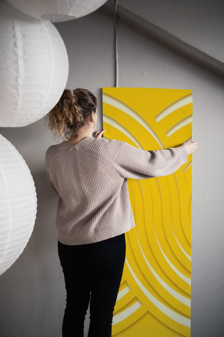 Bauhaus Mid Century Modern Waves Yellow wallpaper roll