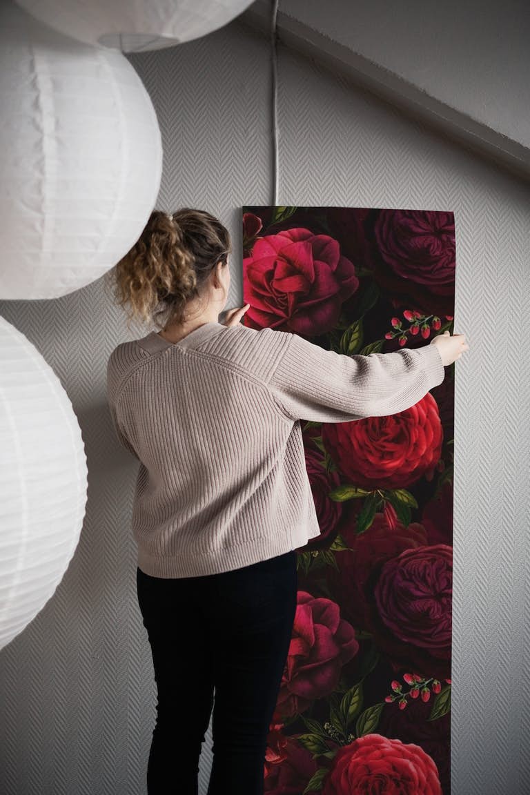 Dark Red Moody Baroque Roses Autumn Pattern wallpaper roll