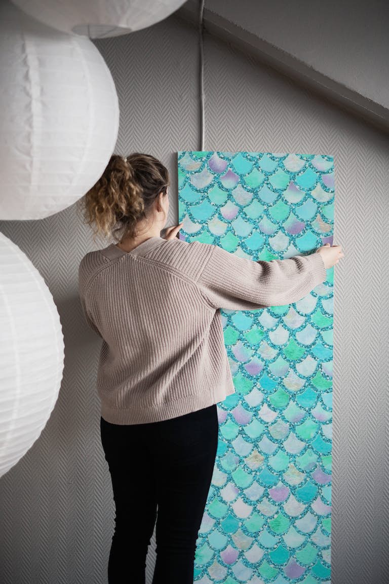 Teal Glitter Mermaid Scales wallpaper roll