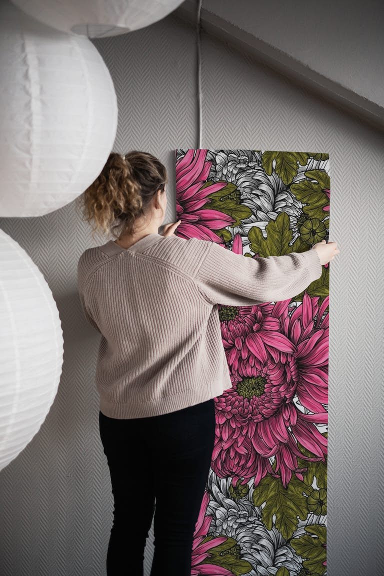 Pink chrysanthemum flowers wallpaper roll