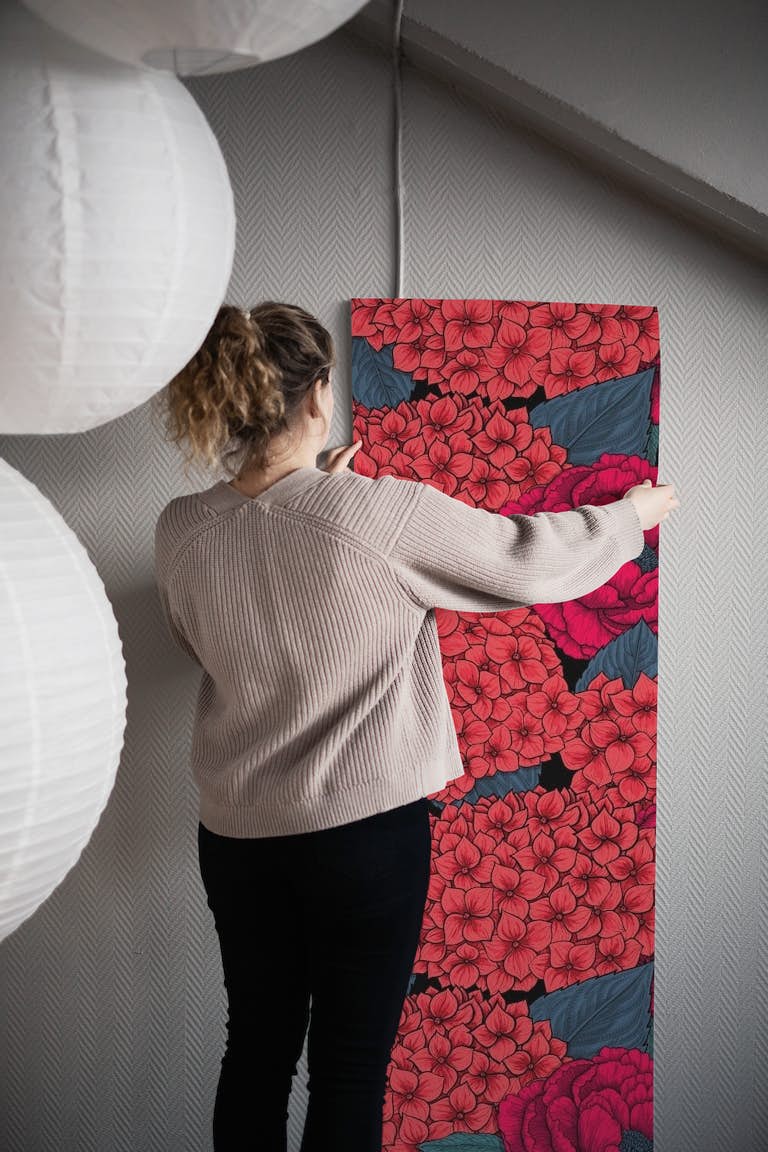 Peony and hydrangea in red tapeta roll