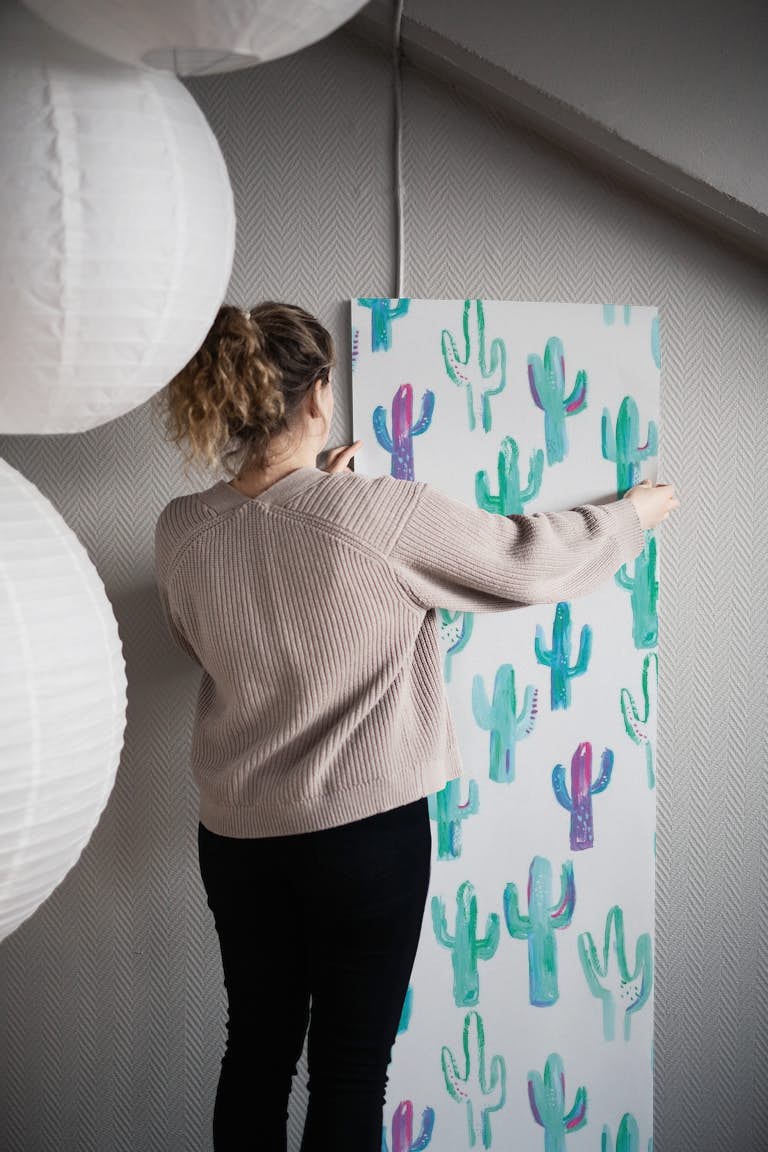 Painted cacti pattern wallpaper roll