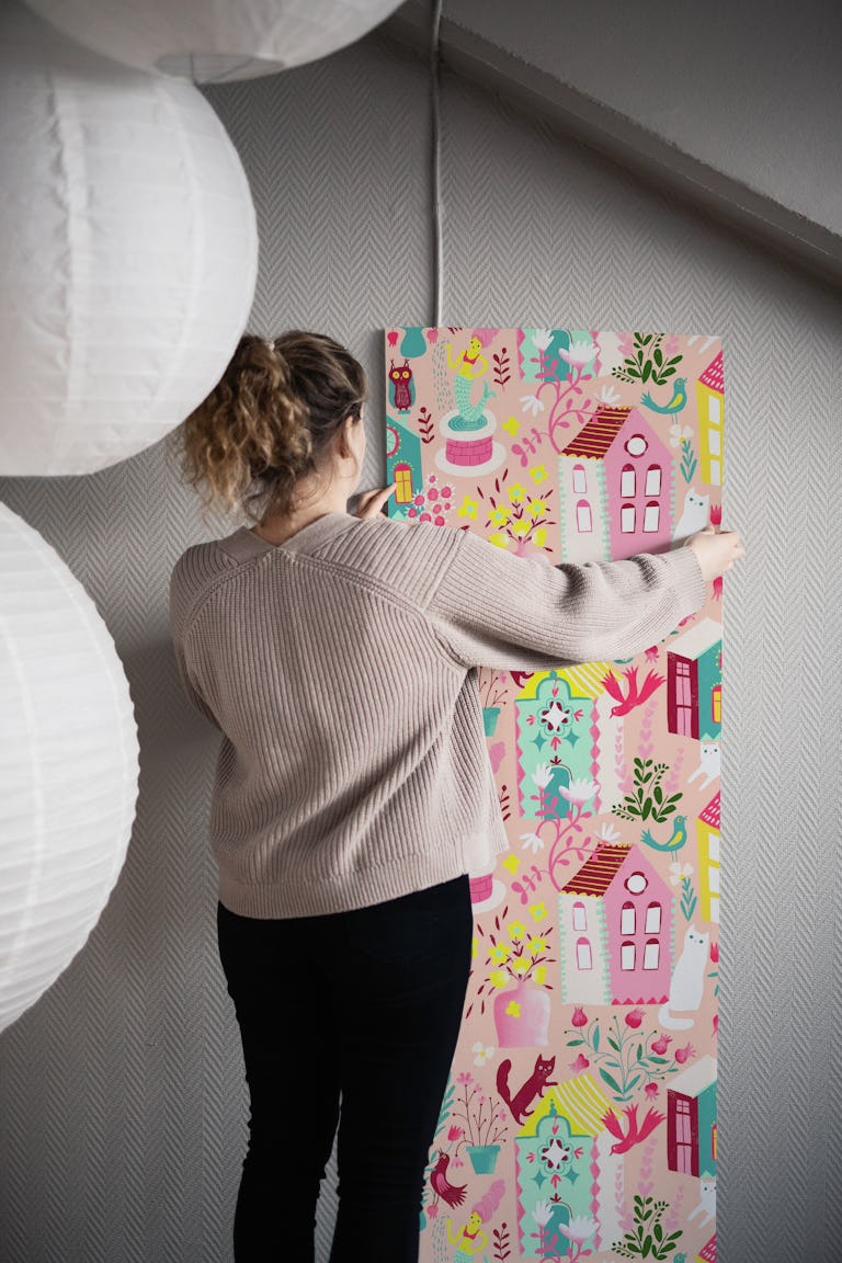 Happy village garden wallpaper roll