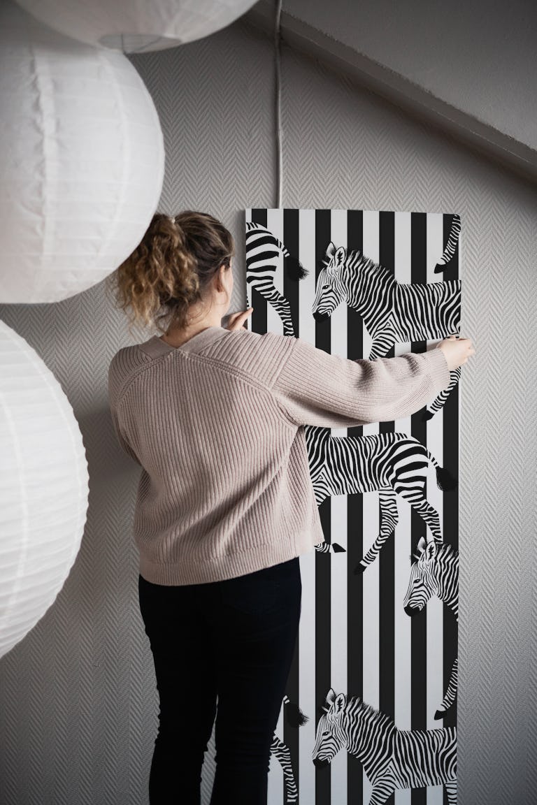 Zebra Walk 12 black and white stripes wallpaper roll