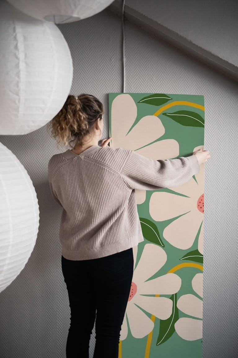 Wild Daisies - green wallpaper roll