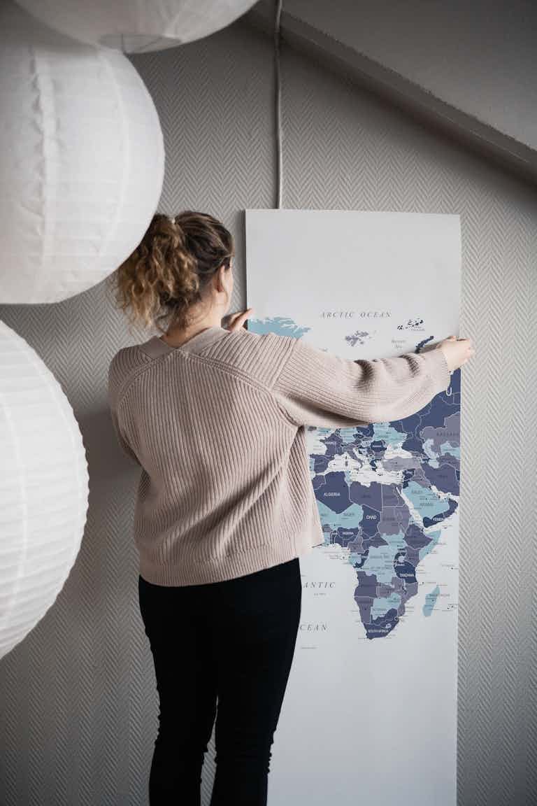 World Map in Blue and White wallpaper roll