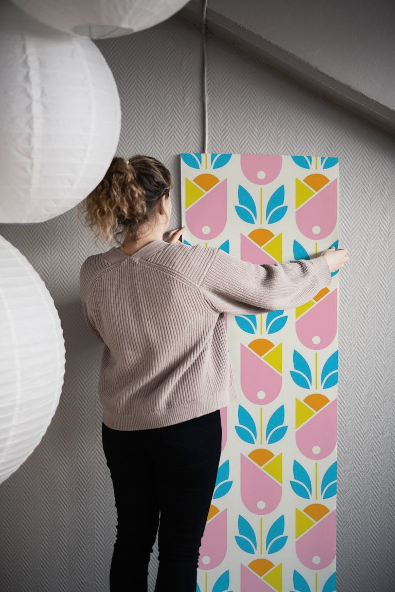 2019 Pink retro tulips wallpaper roll