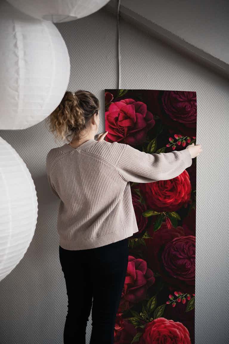 Dark Red Roses Autumn Pattern wallpaper roll
