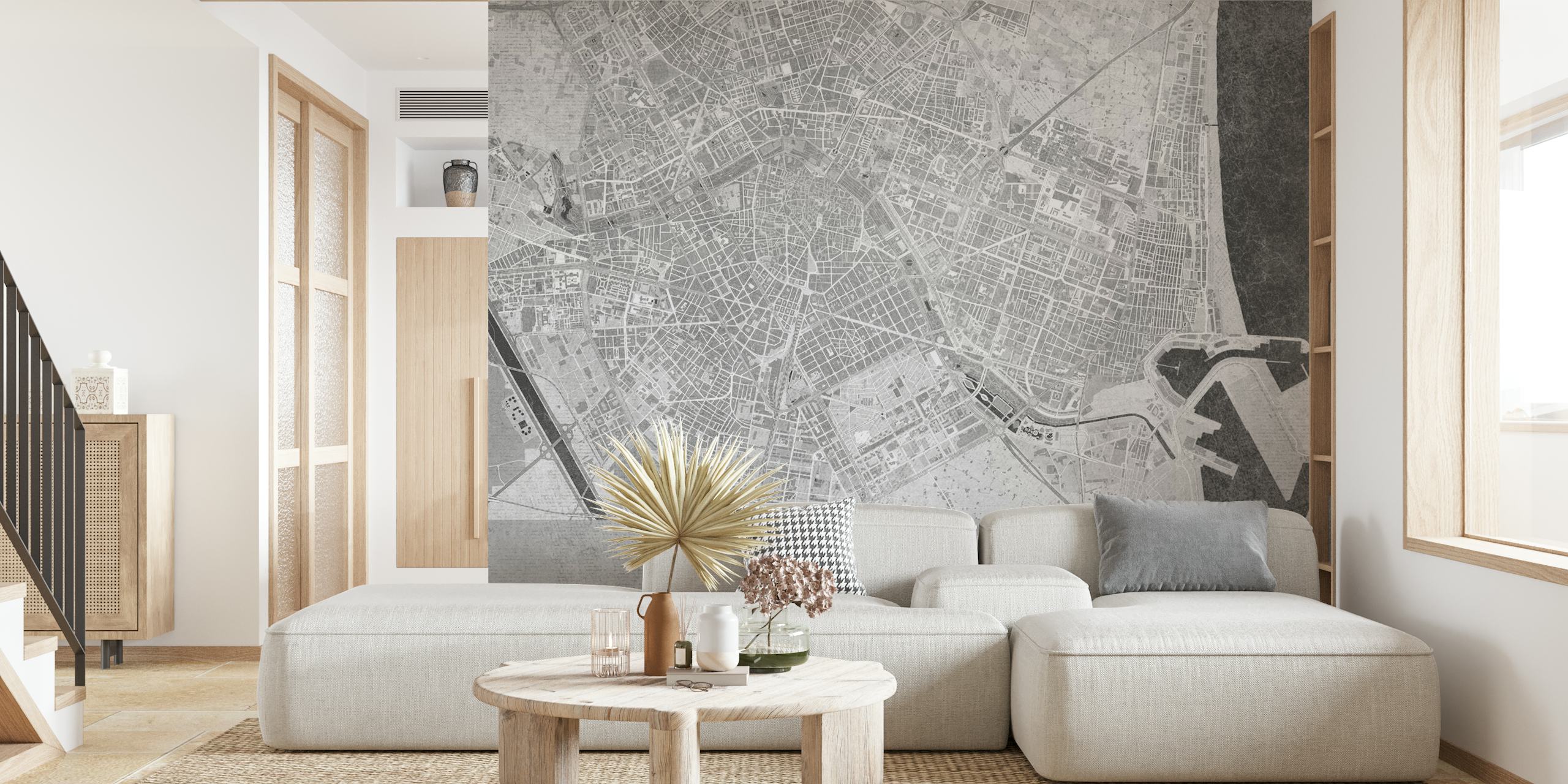 Black and white map of Valencia, Spain wall mural