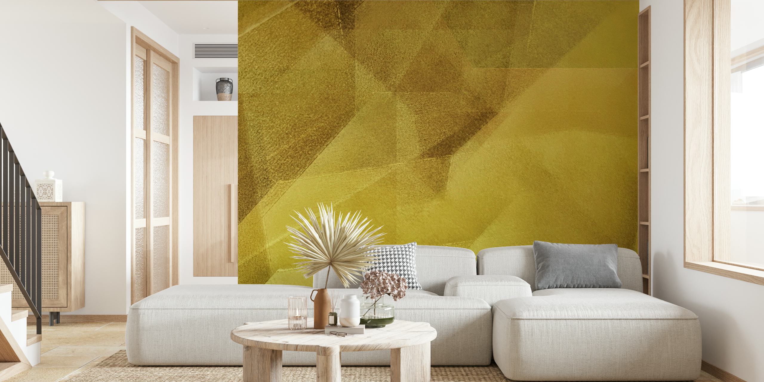 Geometrická nástěnná malba ve zlatém odstínu s abstraktním vzorem pro sofistikovaný interiérový design