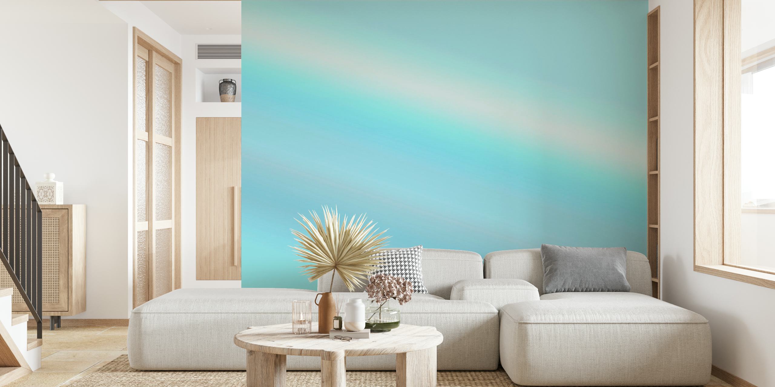 Abstraktní nástěnná malba s modrým gradientem přecházející z tmavé do světle modré, evokující poklidnou oblohu