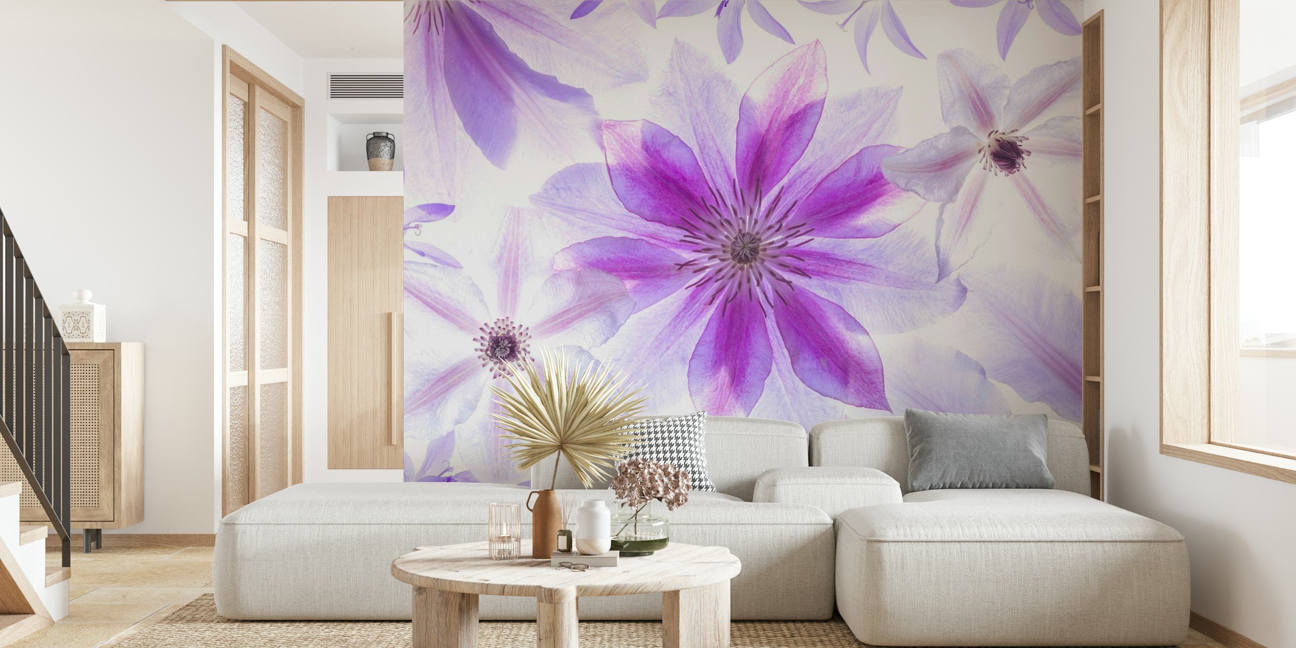 Fotomural vinílico de parede de flores clematis roxas e brancas para decoração de casa