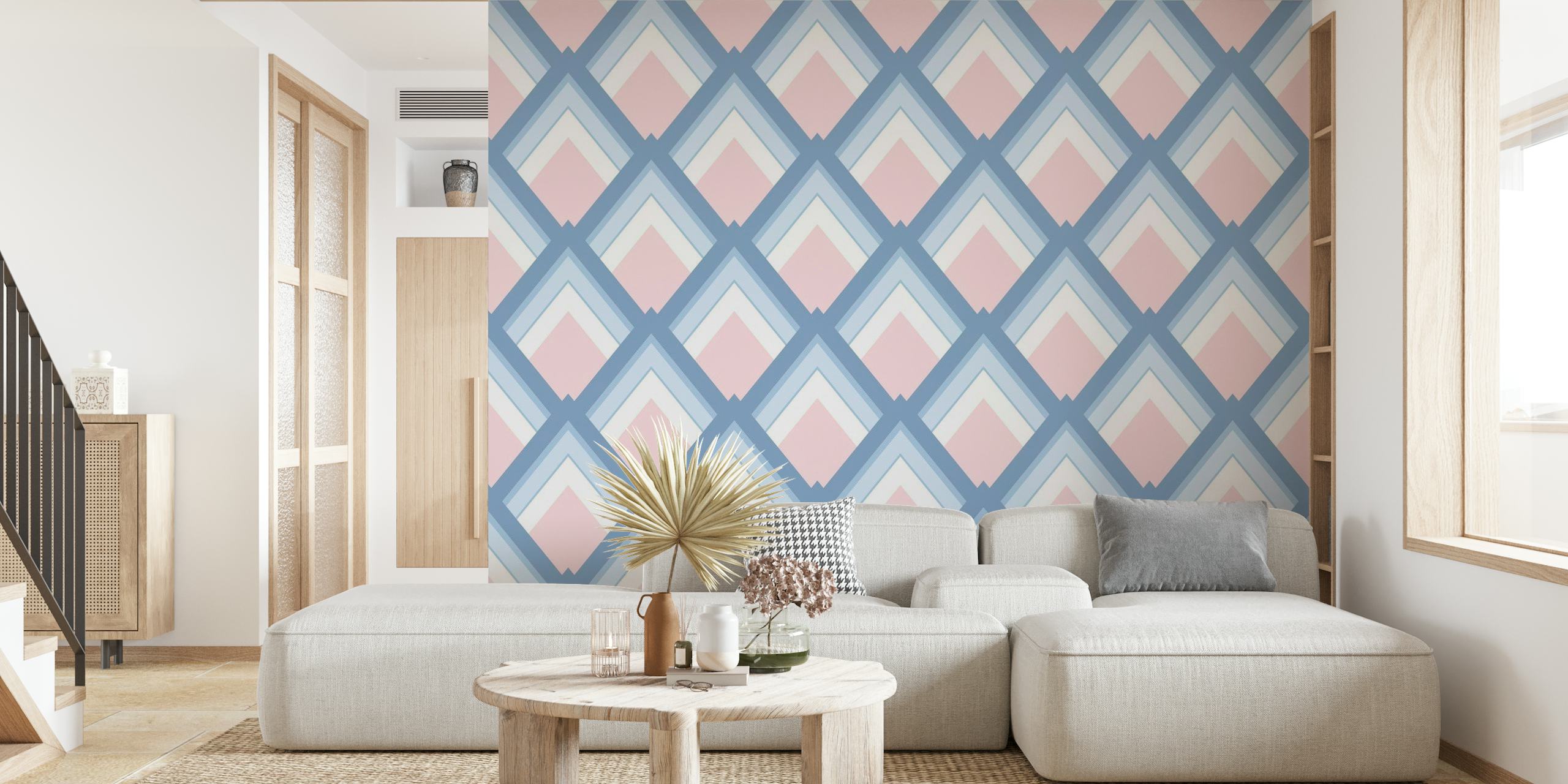 Abstrakt geometrisk 6 vægmaleri med pink og blå mønstre