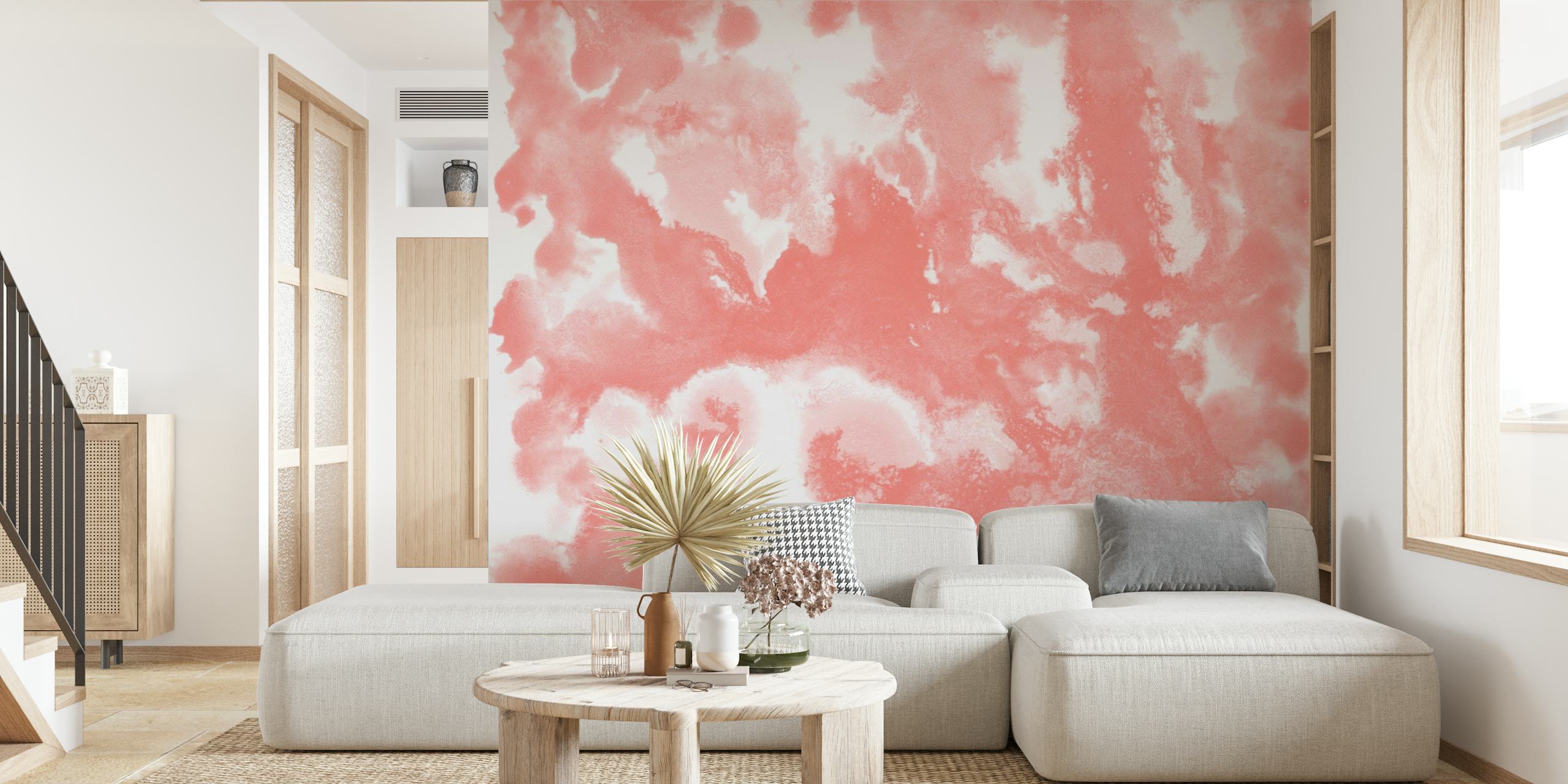 Design abstrato de mural de parede coral e branco
