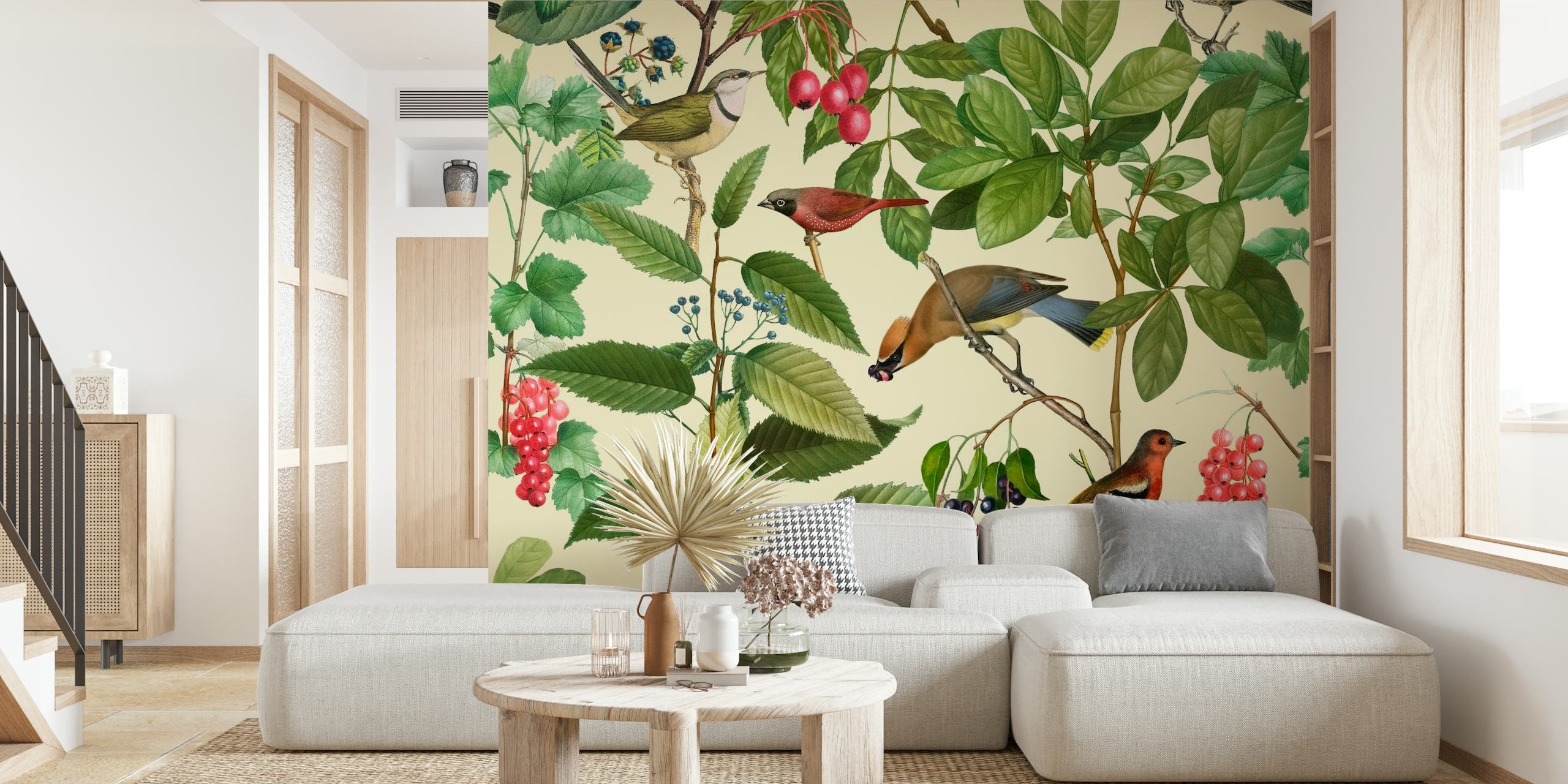 Illustrative wall mural of birds perched on branches with berries and green leaves on a soft background.