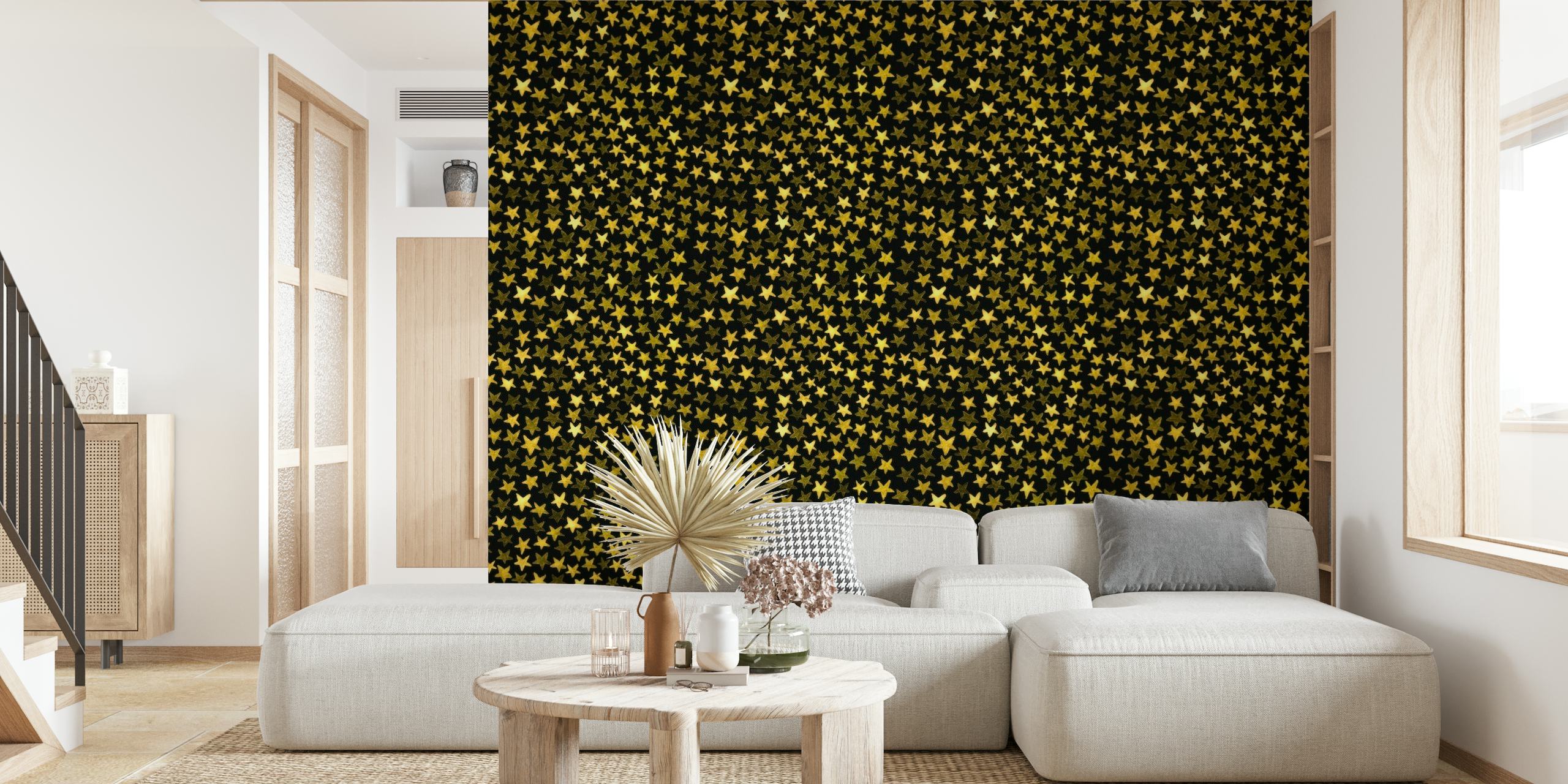 Mural de pared de acuarela abstracta que representa un mar de estrellas en tonos dorados sobre un fondo oscuro