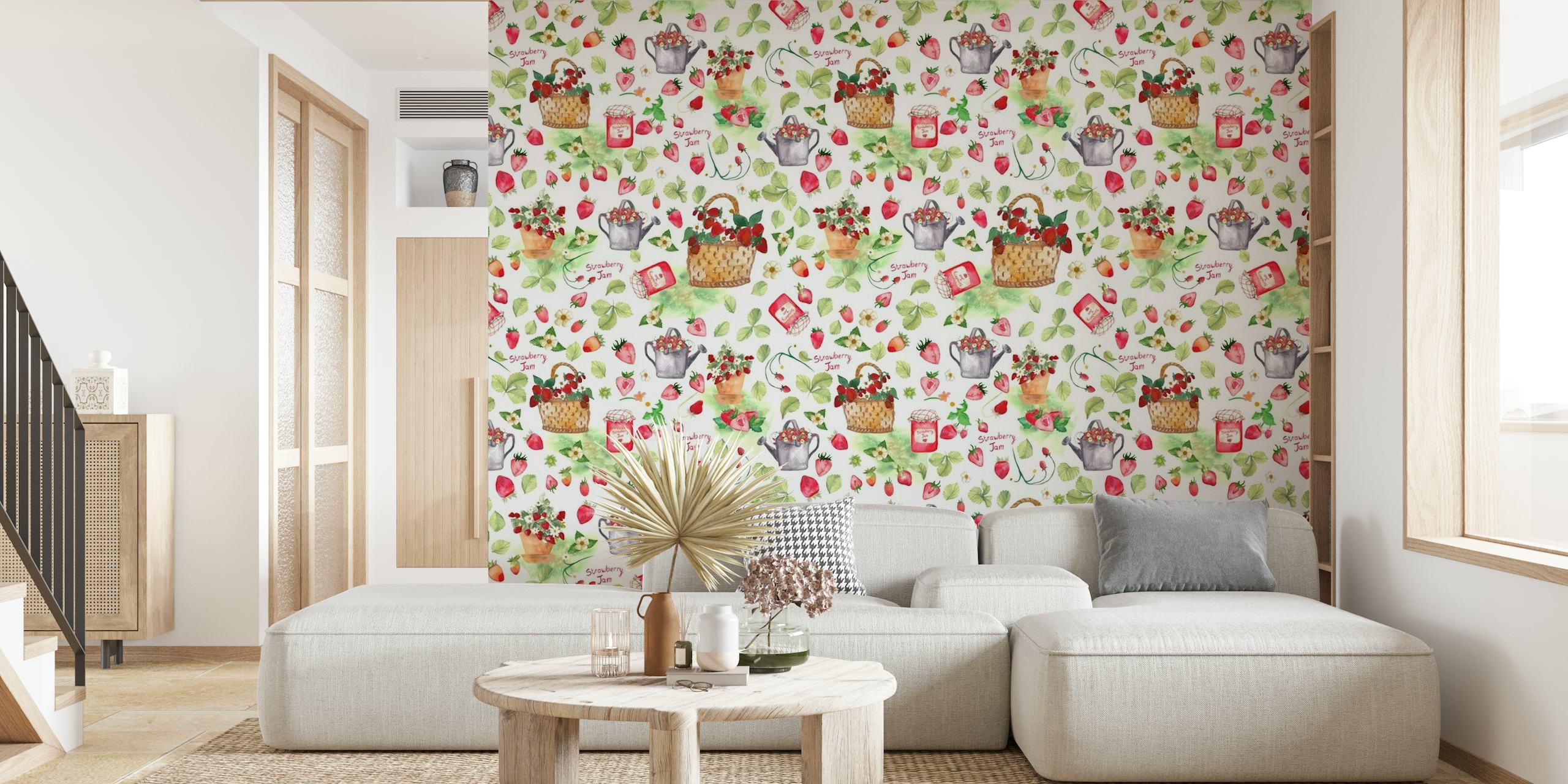 A cheerful and colorful Strawberries Meadow wall mural with red berries and flowers