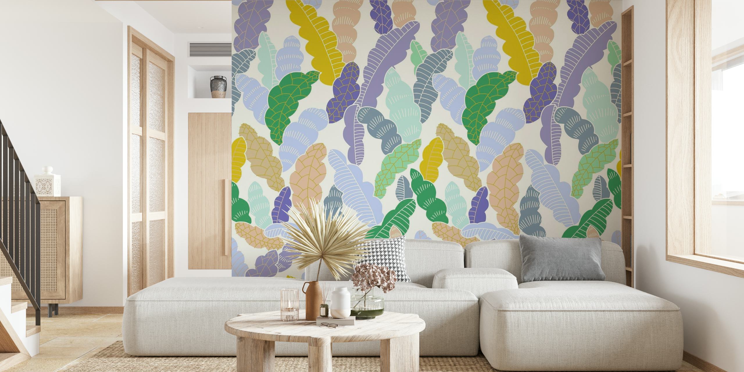 Summer leaves pattern in mint and blue on a wall mural