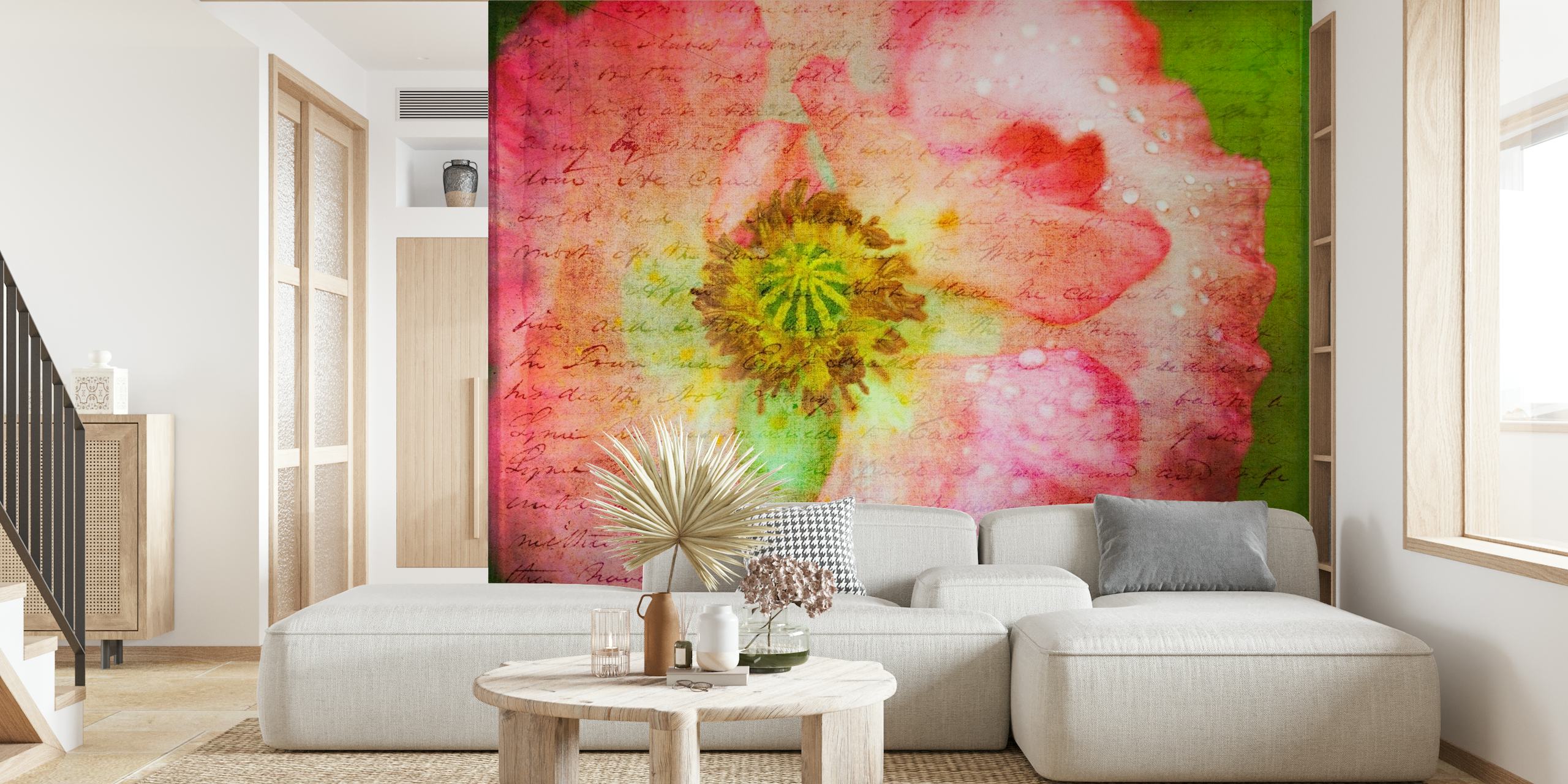 Kunstnerisk gengivelse af en lyserød valmueblomst med et tekstureret grønt baggrundsvægmaleri