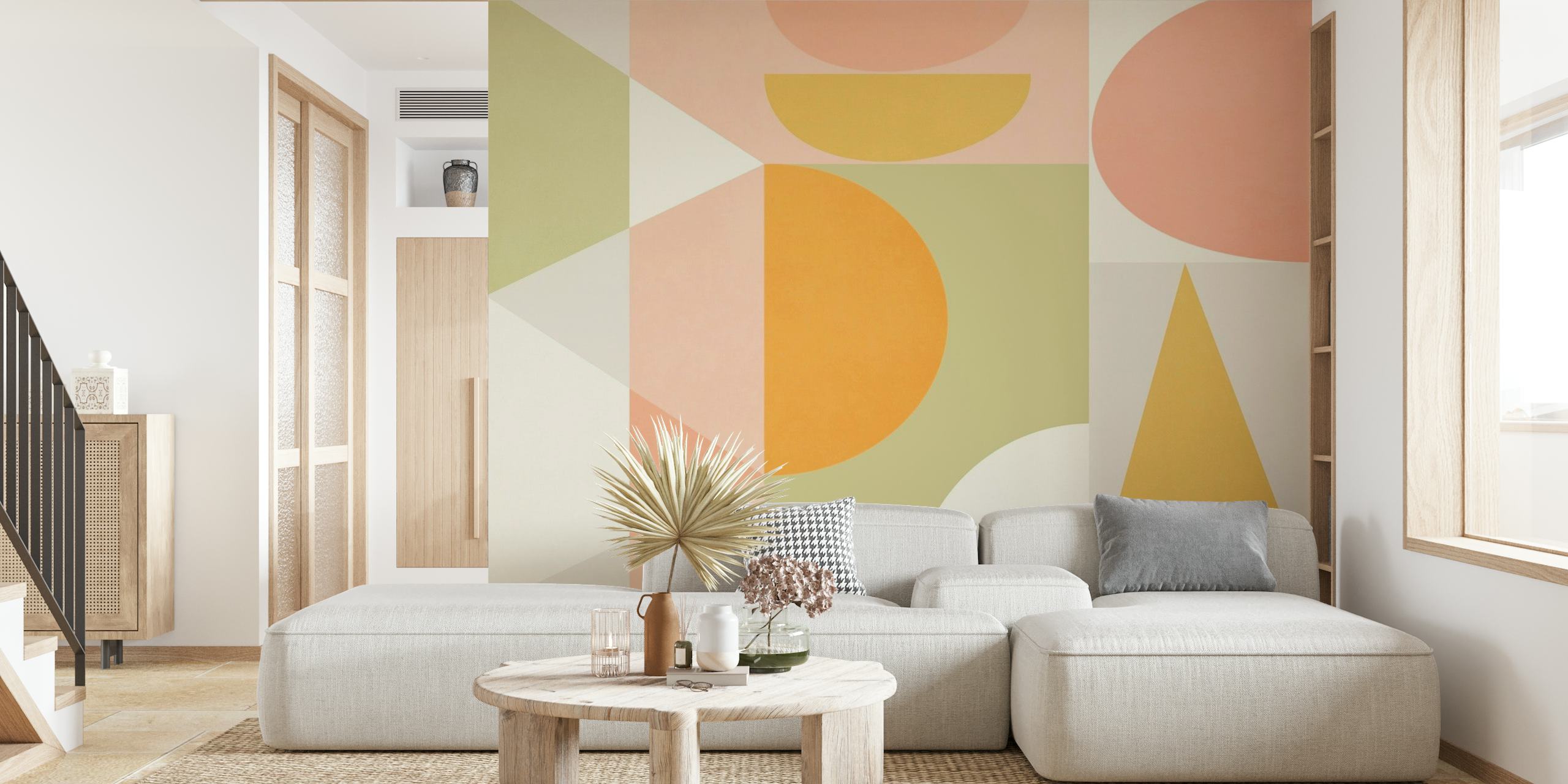 Apstraktni geometrijski G3 zidni mural pastelnih tonova i odvažnih oblika