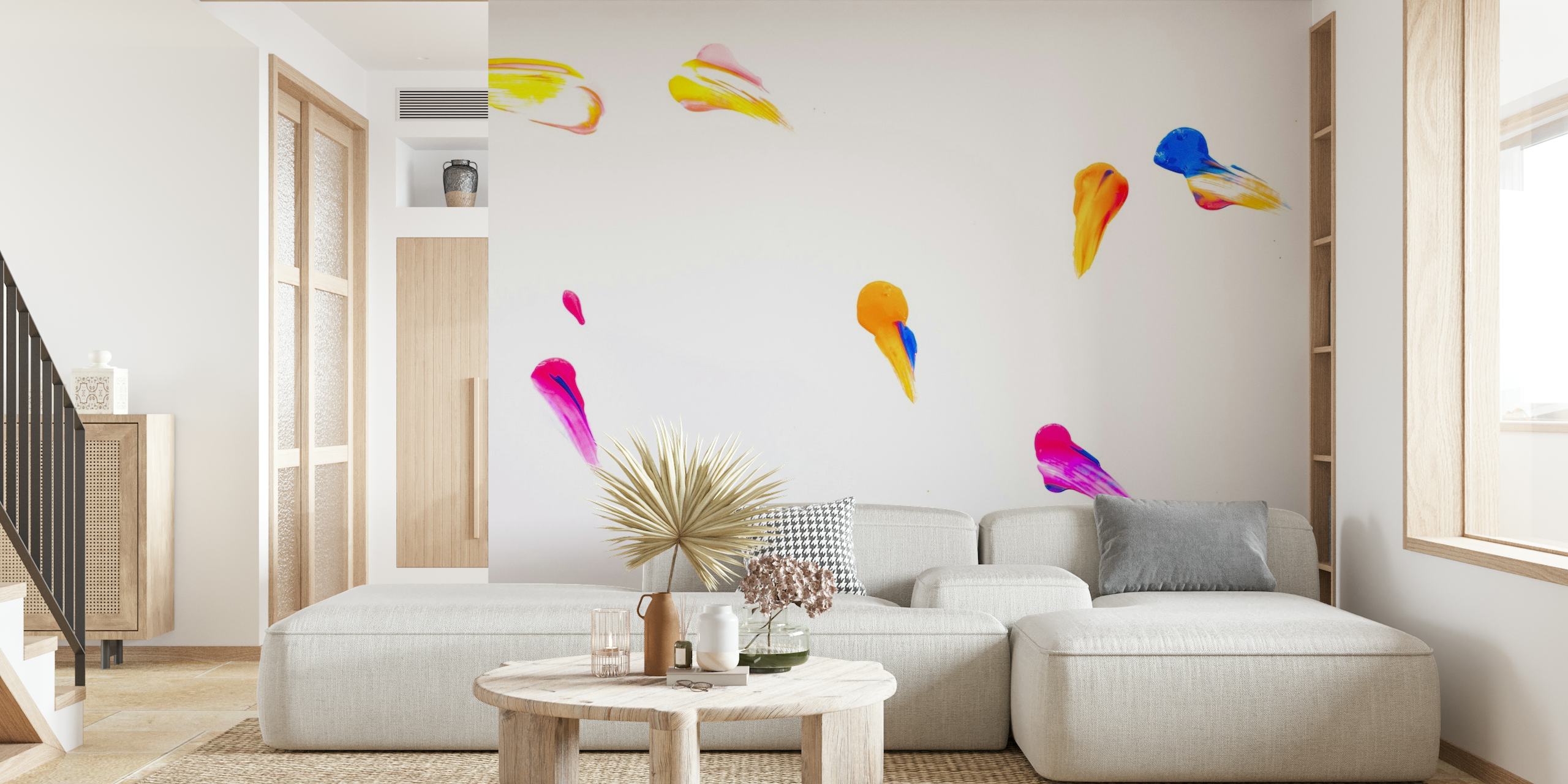 fotomural vinílico de parede colorido com pinceladas abstratas em fundo branco
