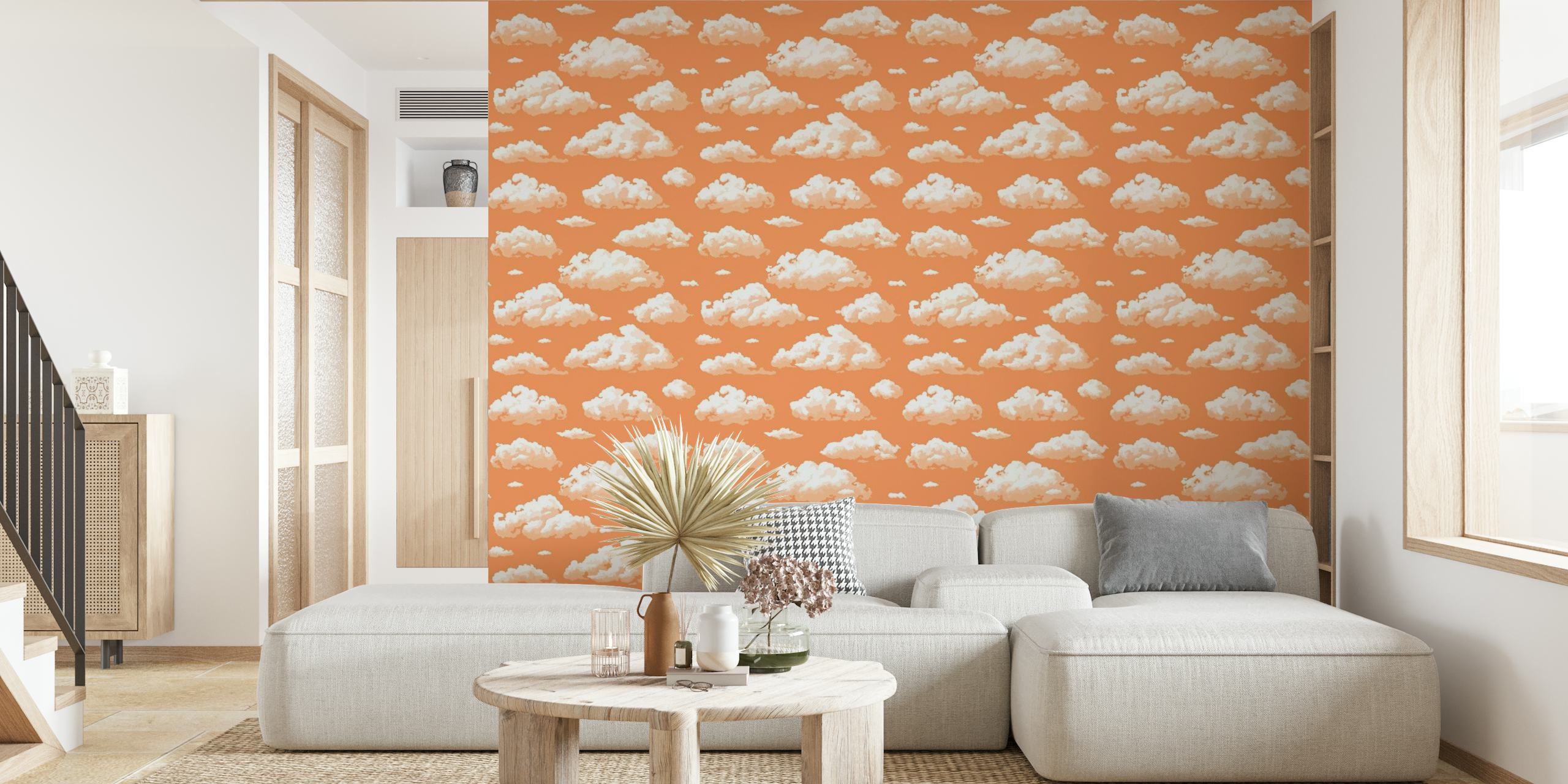 Herhaalde donzige witte wolken op een warme perzikkleurige muurschildering als achtergrond