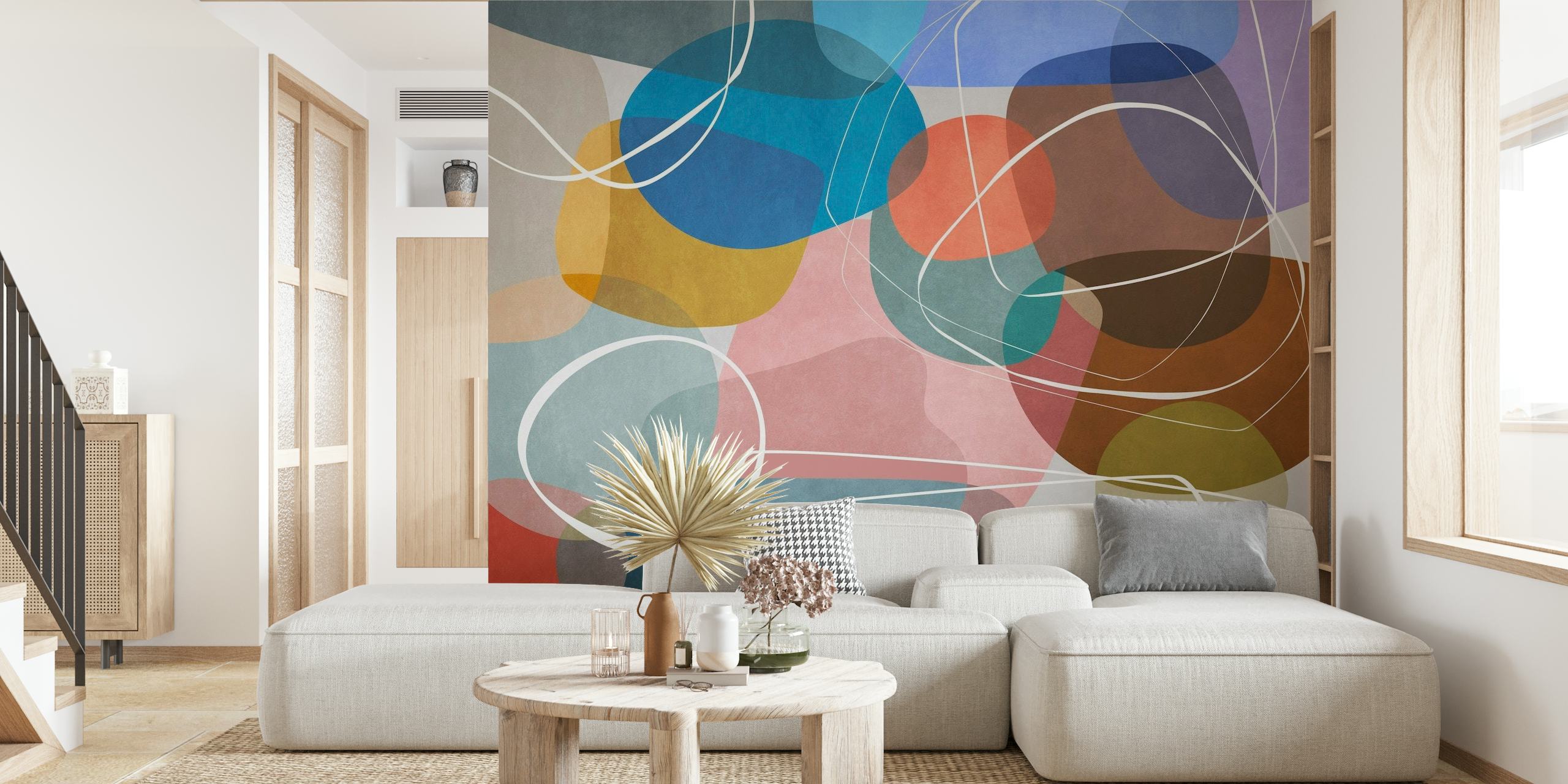 Mural de parede de formas geométricas abstratas com círculos e linhas sobrepostas em várias cores