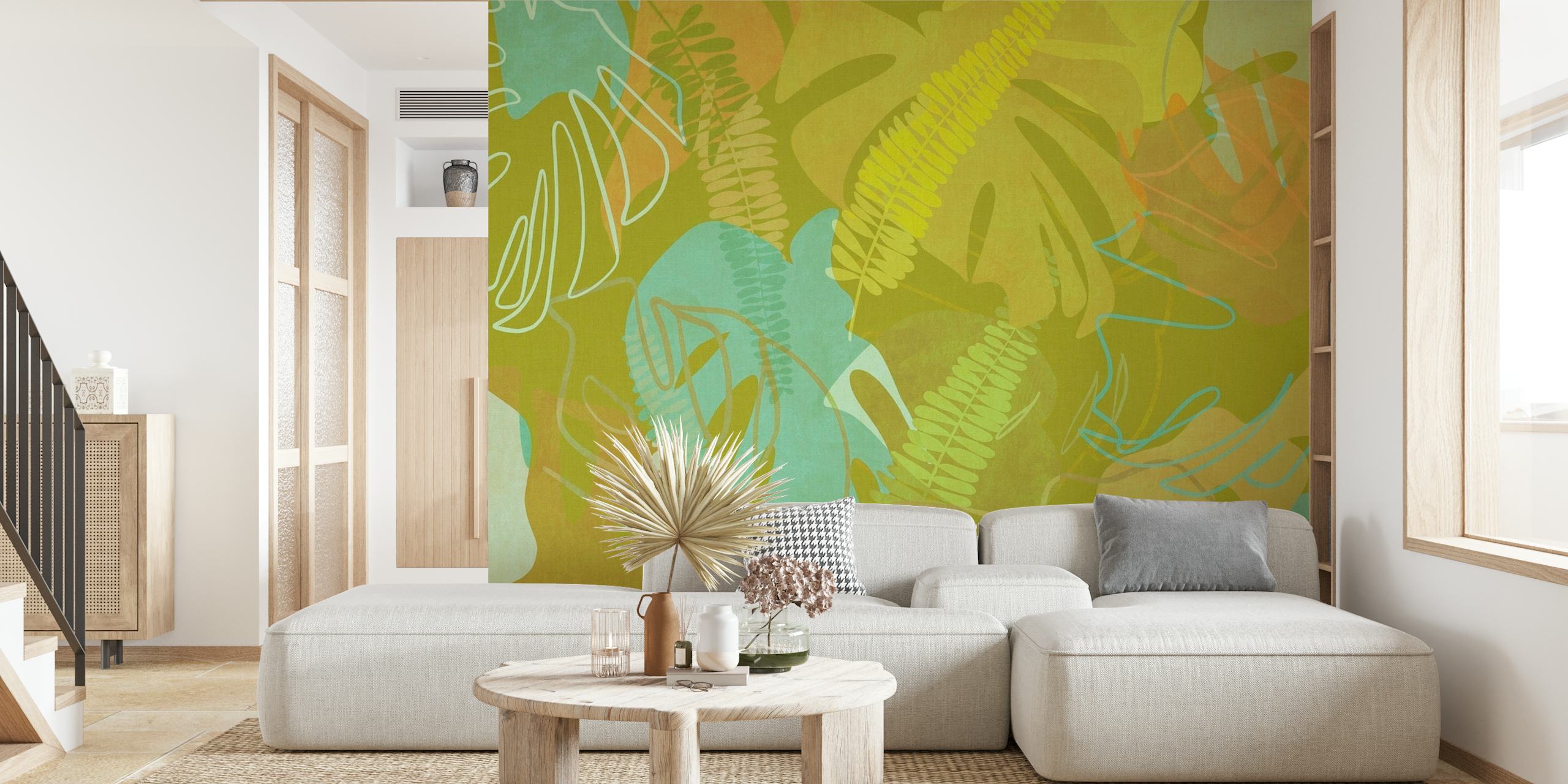Fotomural con estampado de hojas verdes exuberantes para decoración de interiores