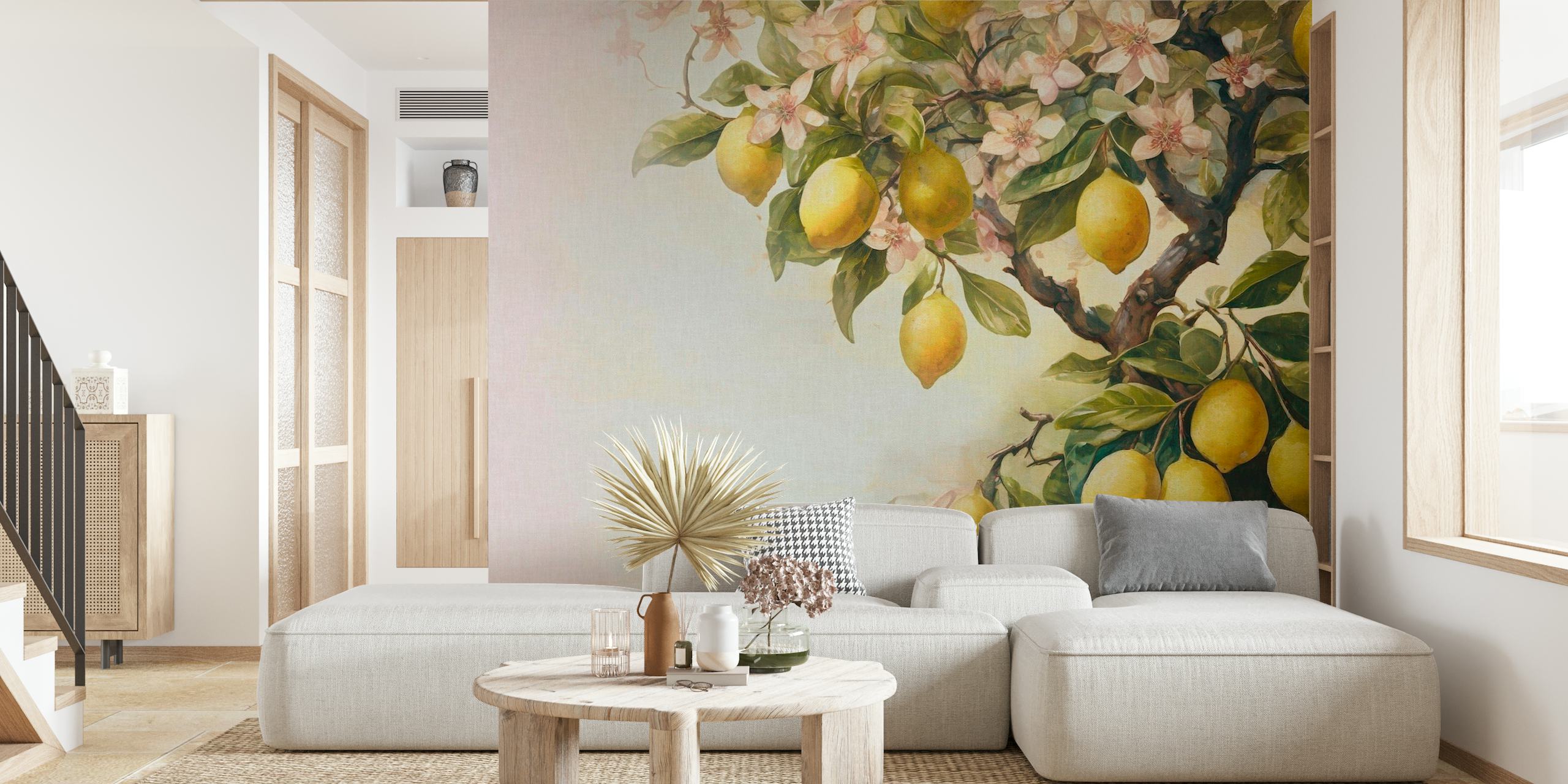 Seinämaalaus sitruunapuusta, kypsiä sitruunoita ja kukkia pehmeissä vintage-sävyissä