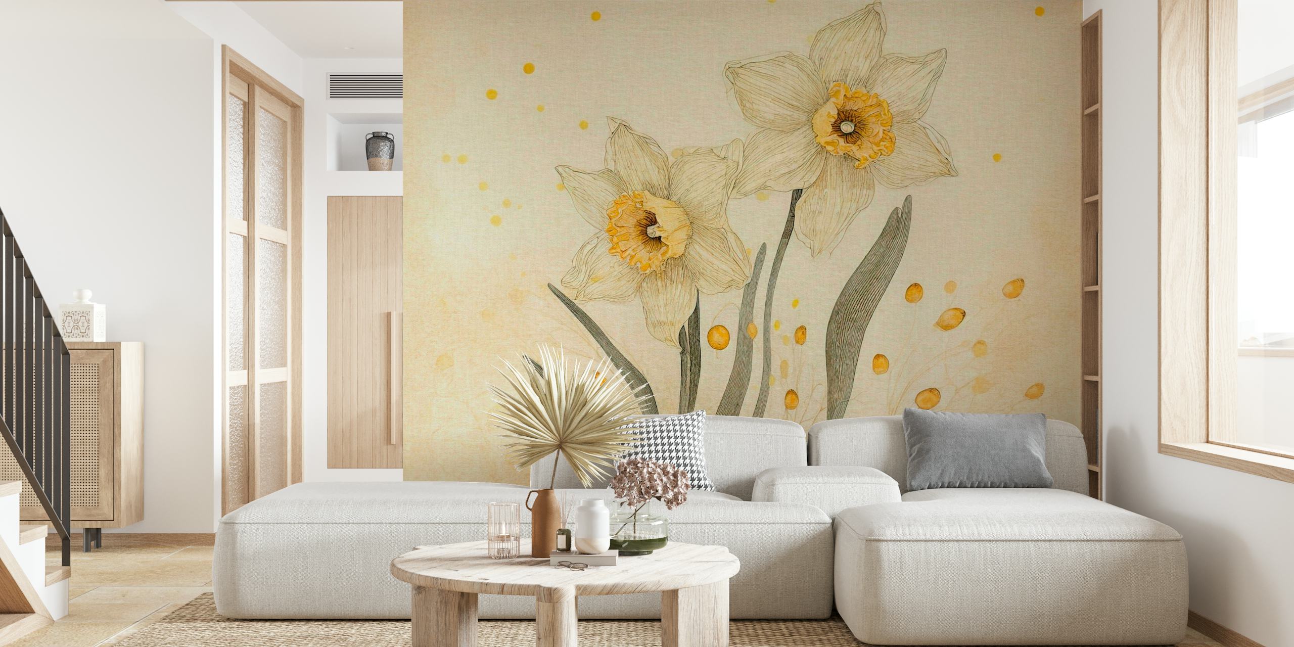 Retro botanical drawing flowers and seeds behang
