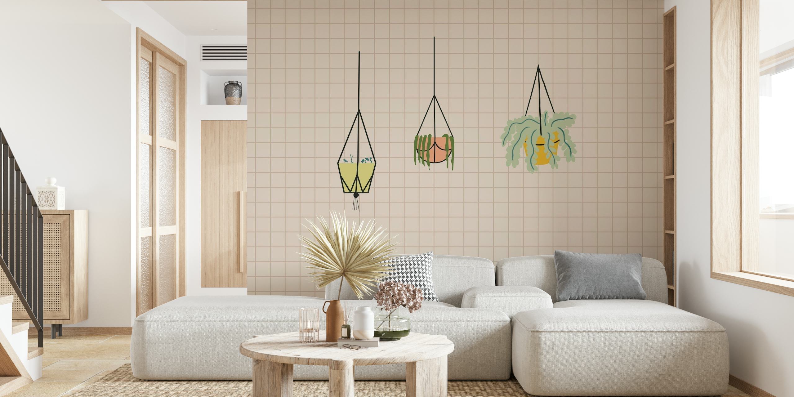 Modern Bauhaus-inspirerad tapet med skissade hängande växter i geometriska krukor på en kaklad rutnätsbakgrund