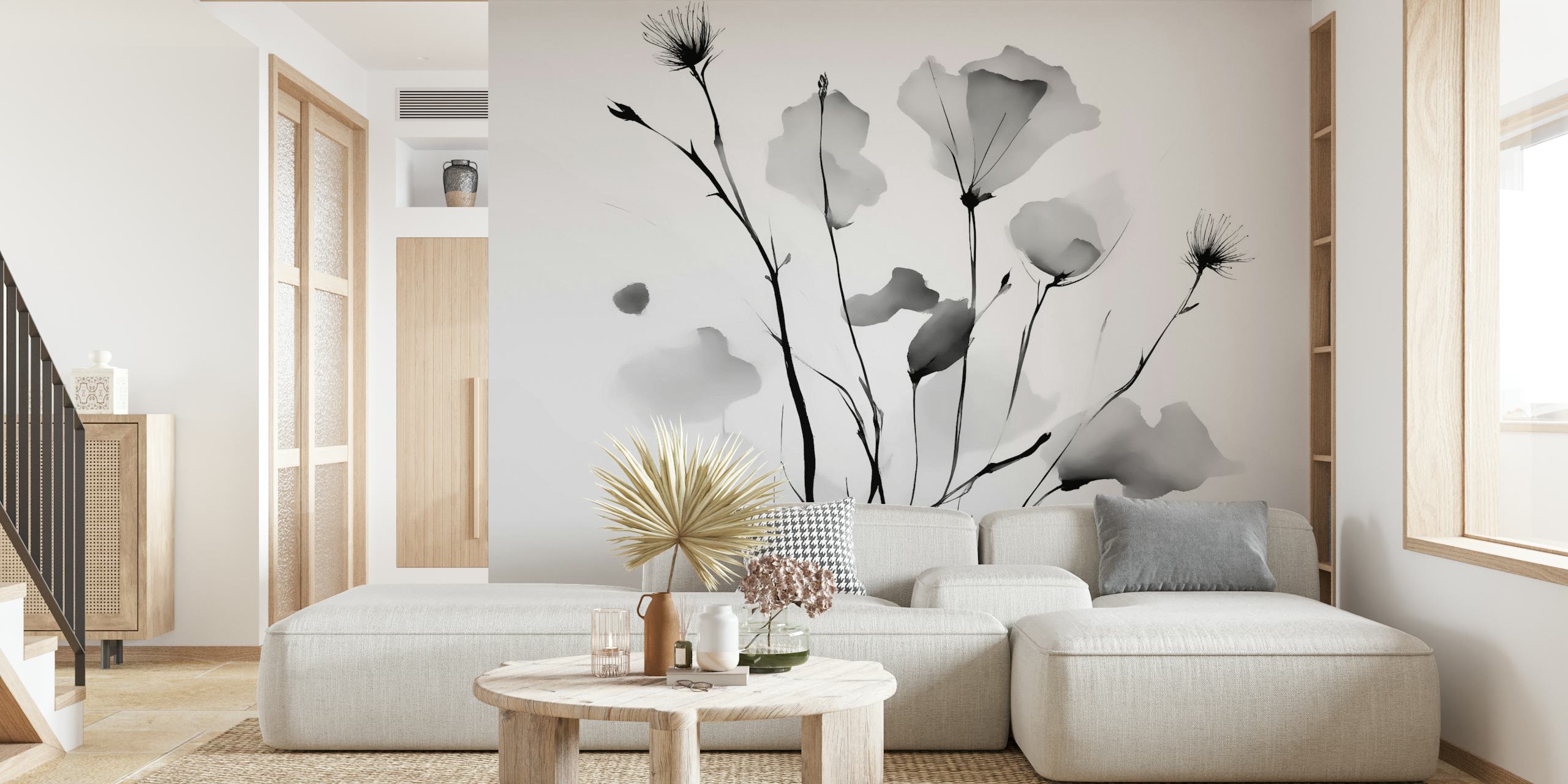 Japanilainen Meadow Black White kukkainen seinämaalaus yksivärisessä tyylissä