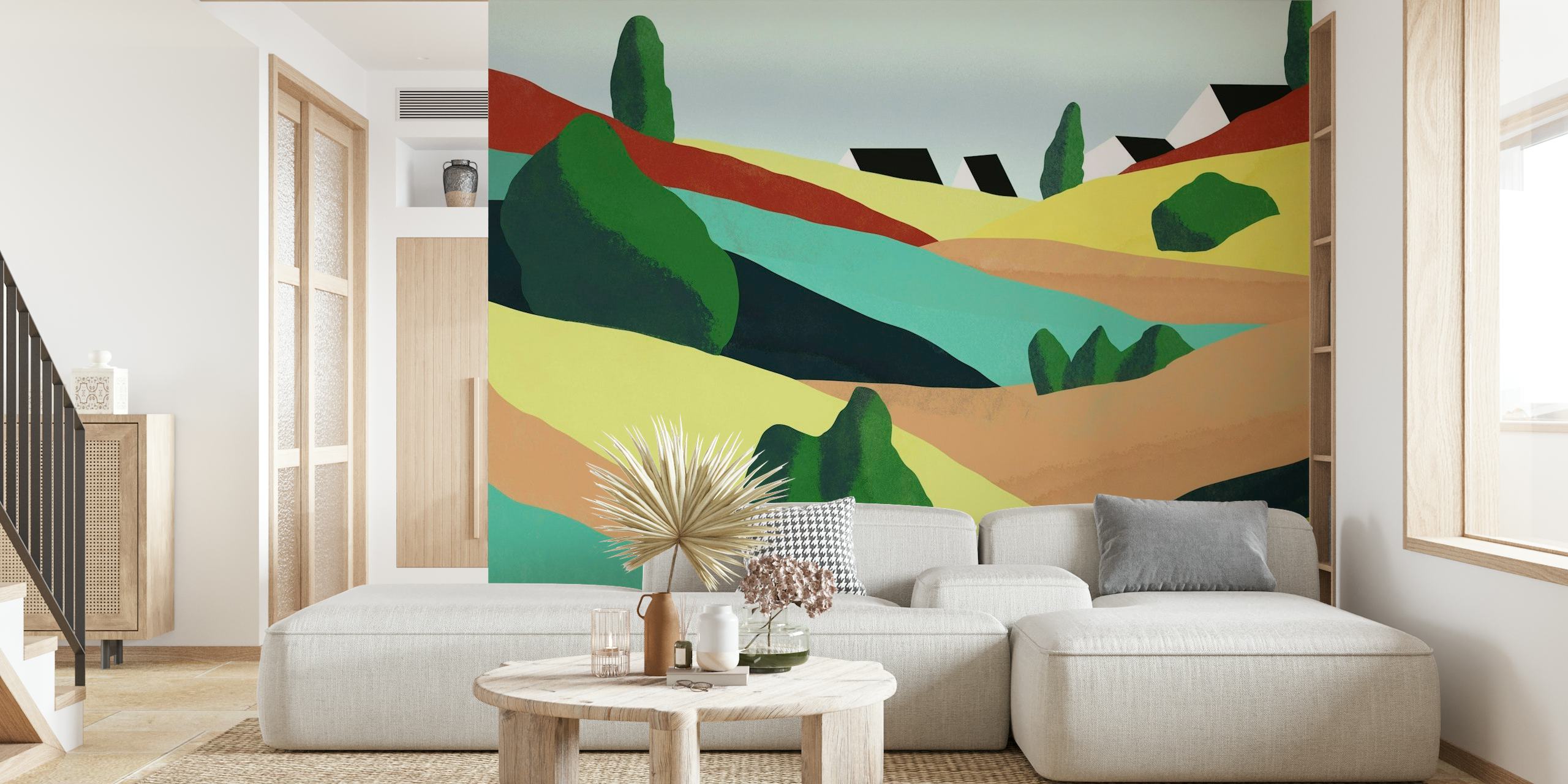 Abstrakti mäkiä kuvaava seinämaalaus värikkäällä sarjakuvamaisella maisemalla