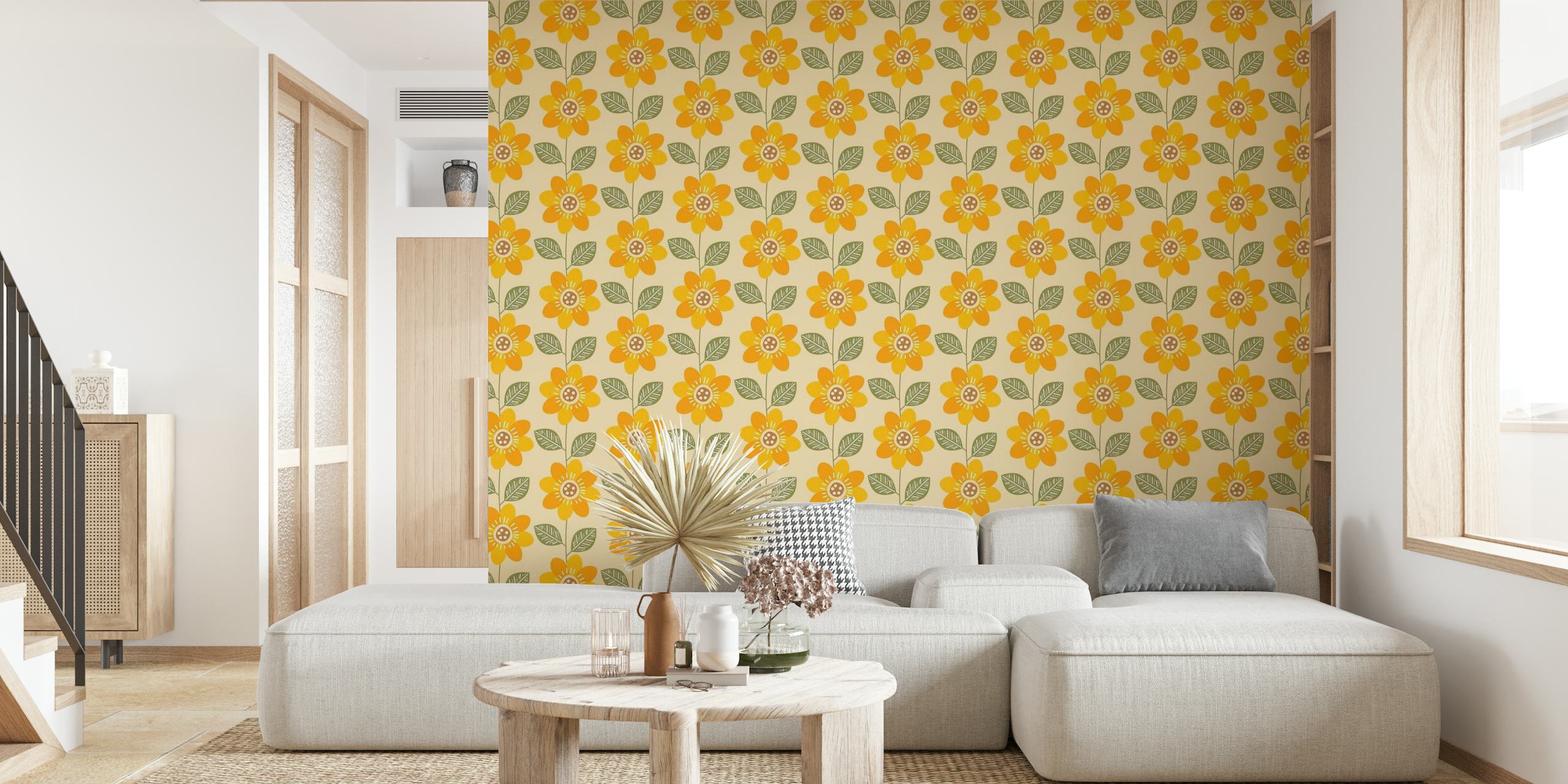 Mural de parede com padrão de girassol com flores amarelas brilhantes e detalhes verdes em um fundo neutro