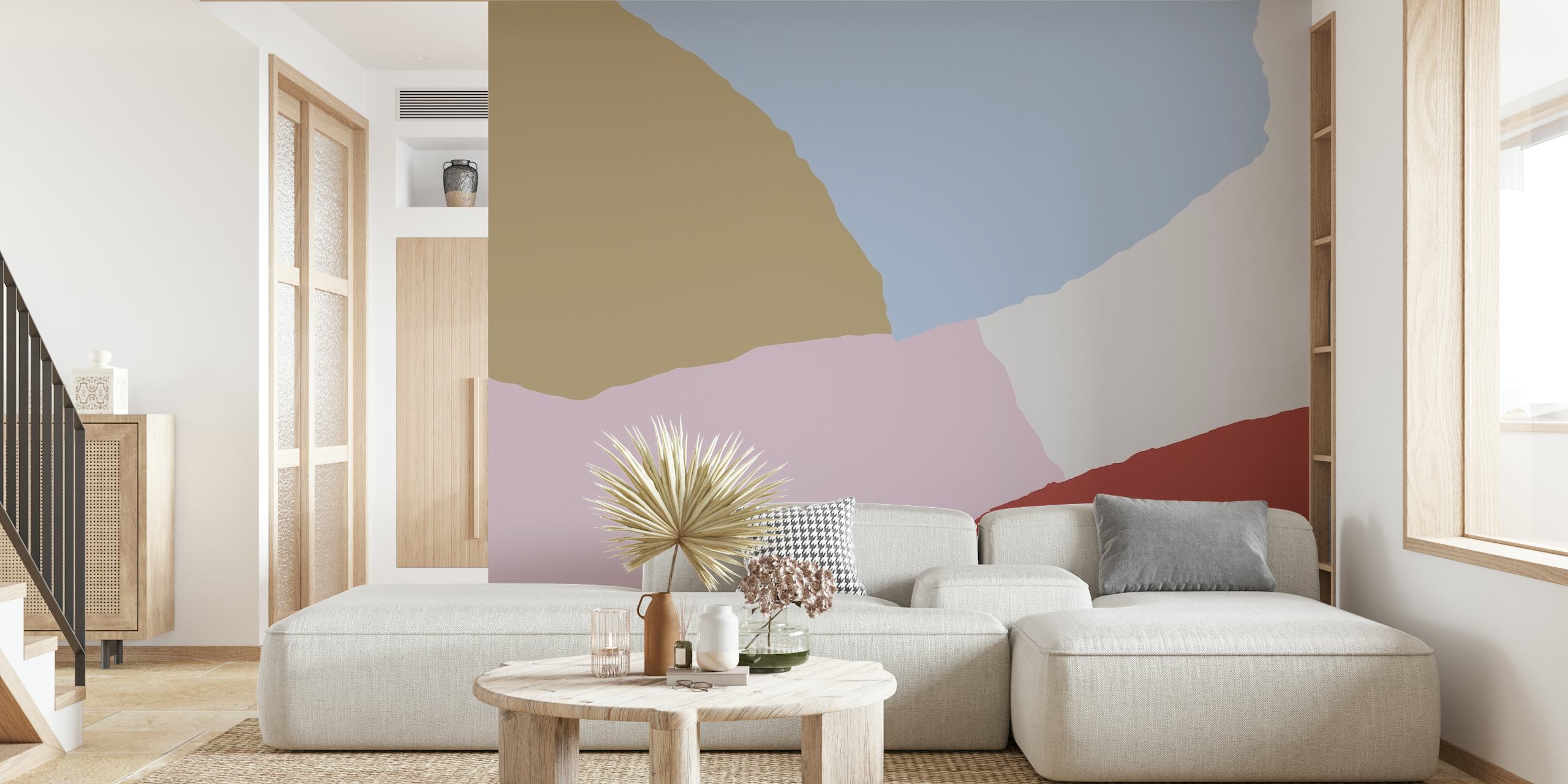 Abstract paper collage style wall mural featuring pastel color blocks.