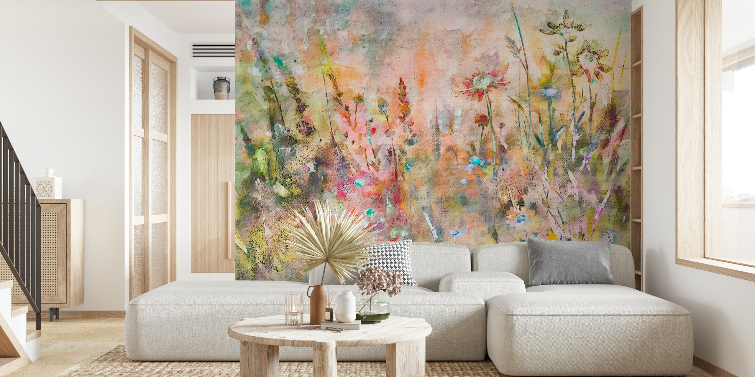 A watercolor mural of wildflowers with a soft mix of colors