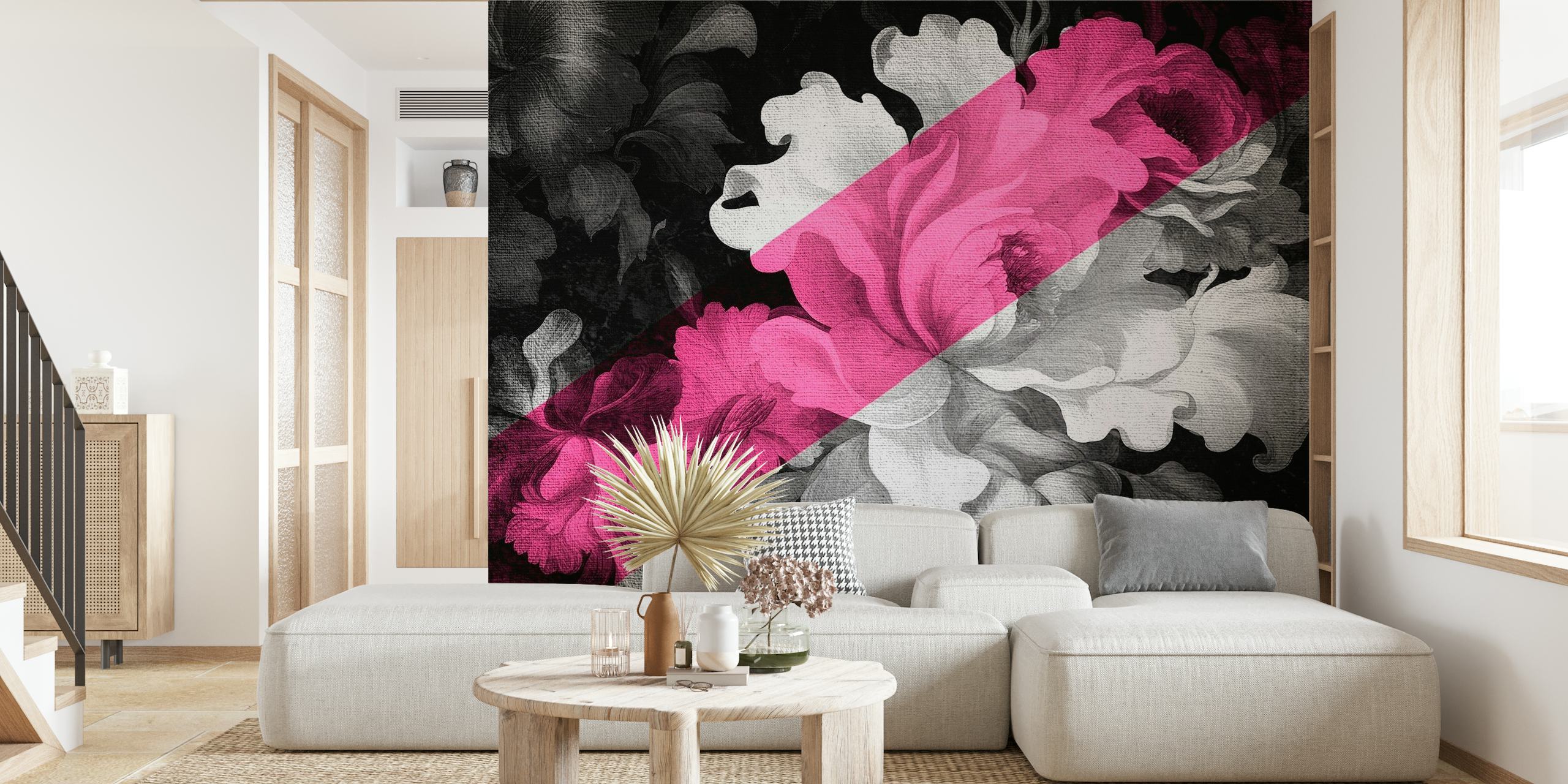 Yksivärinen ja vaaleanpunainen kukka-seinämaalaus, jossa yhdistyvät renessanssin ja modernin pop-taiteen tyylit