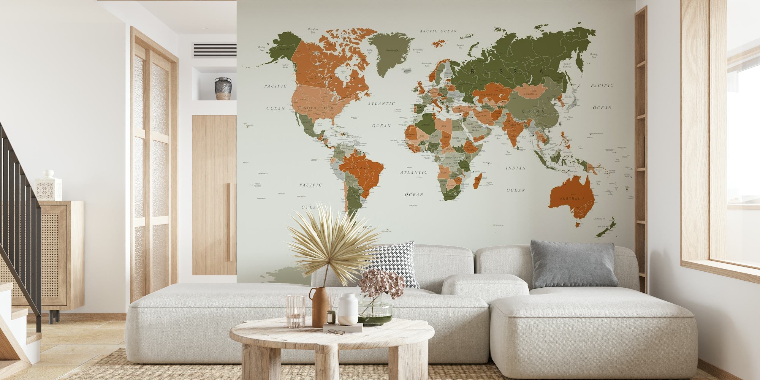 World Map Olive Green and Burnt Orange tapet